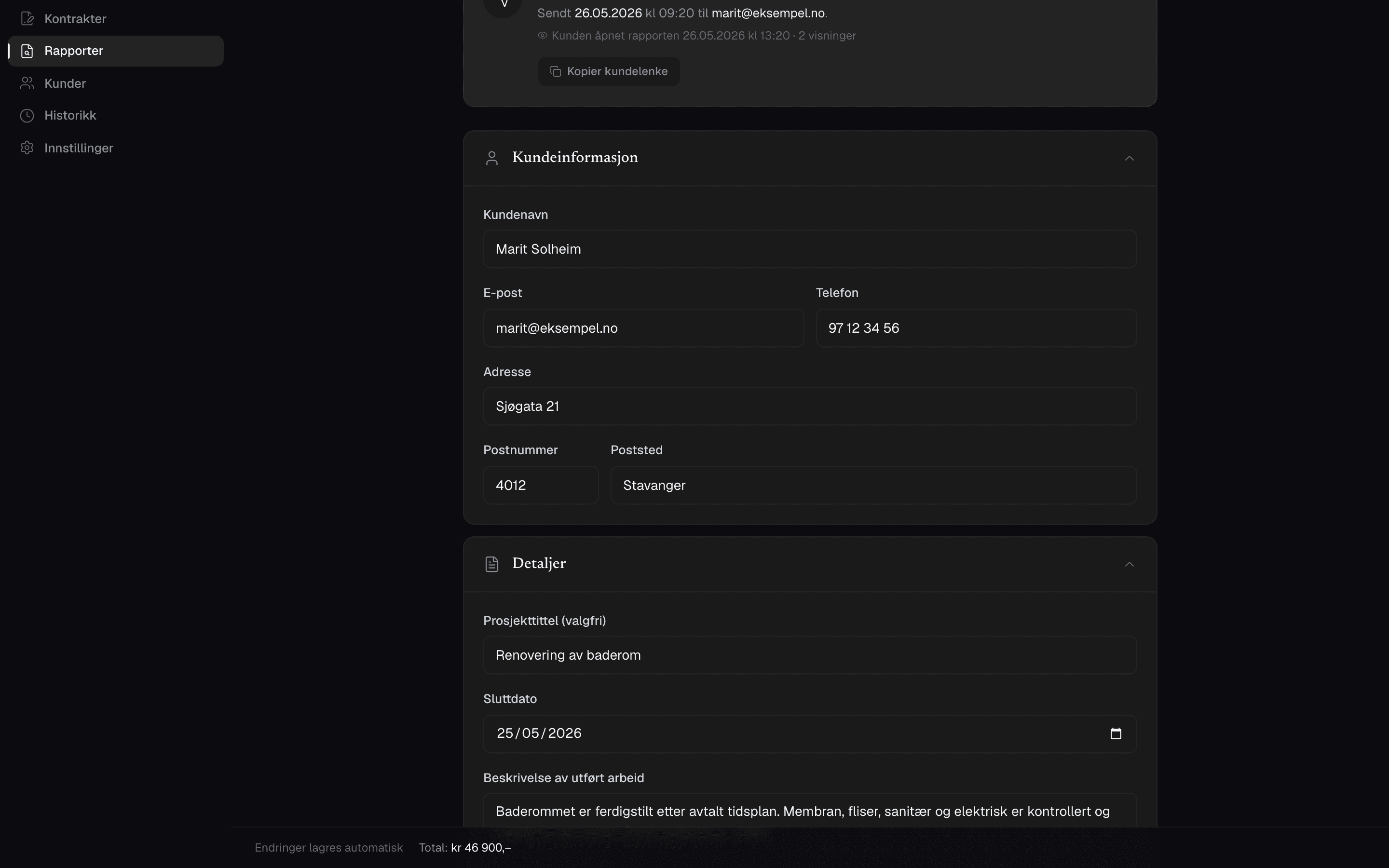 Sluttrapport-skjema med kundeinfo, prosjekttittel og detaljer