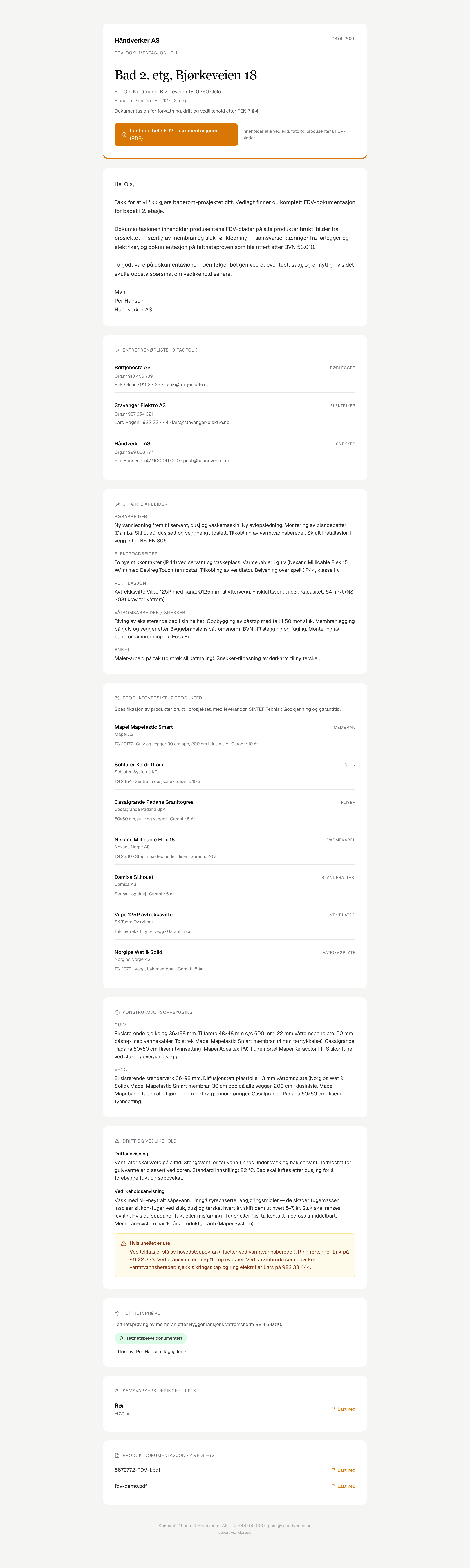 Hele den offentlige FDV-siden med alle seksjoner — header, intro, entreprenører, utførte arbeider, produktoversikt, konstruksjon, foto, drift, tetthet, samsvar, vedlegg