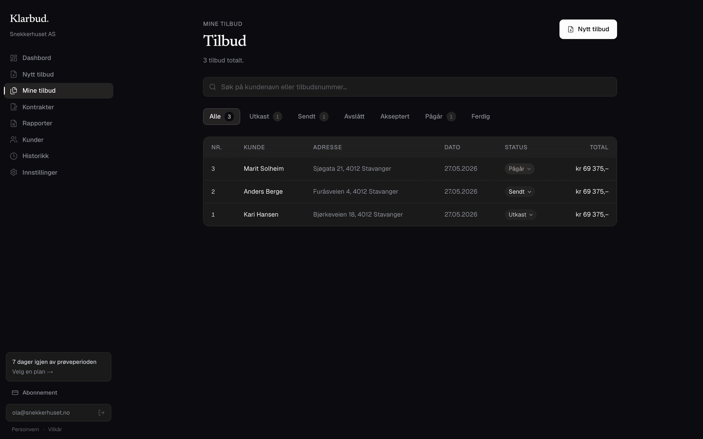 Mine tilbud-listen med status-chips og søkefelt