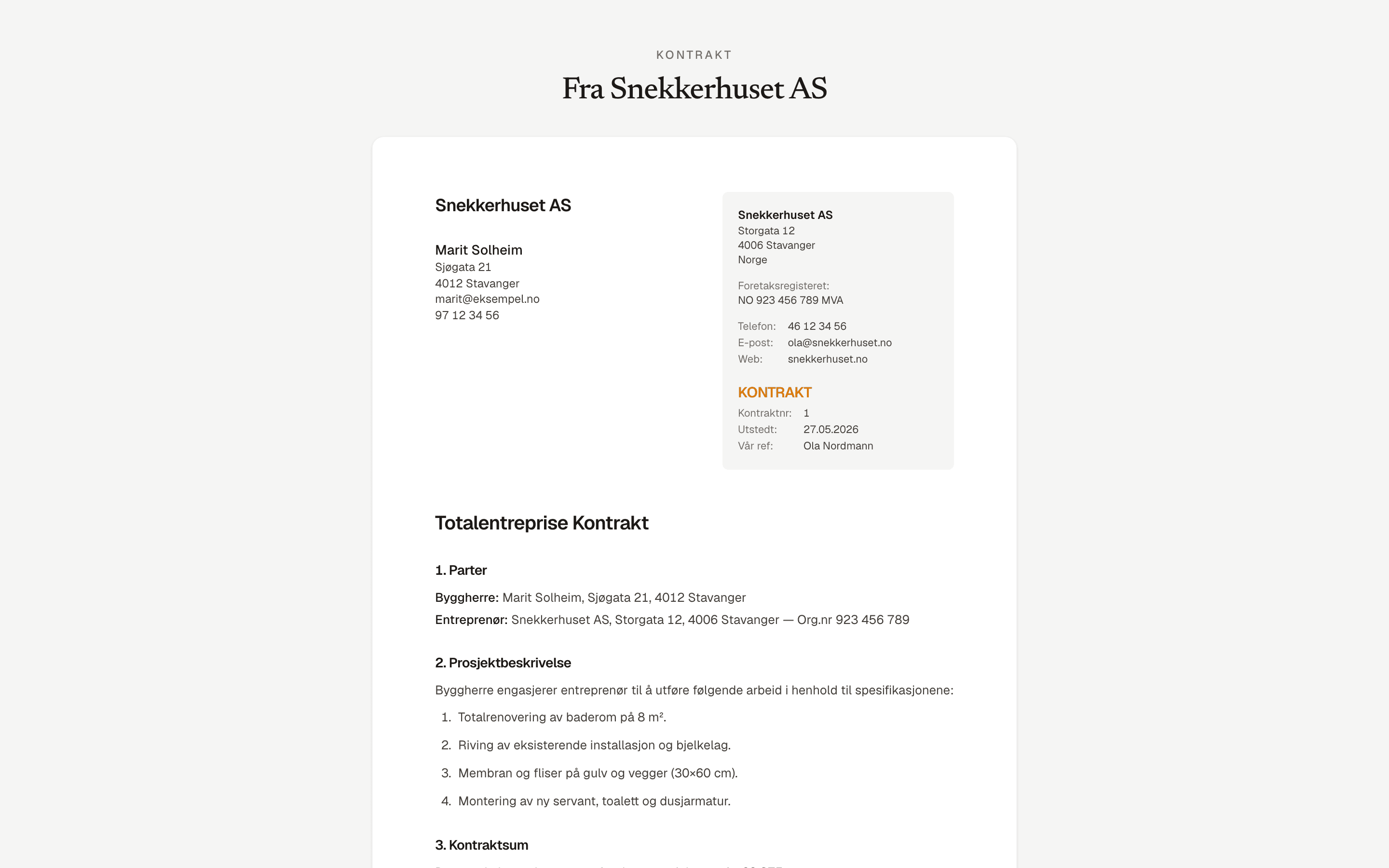 Kontrakt åpnet i kundens nettleser med signaturlinje