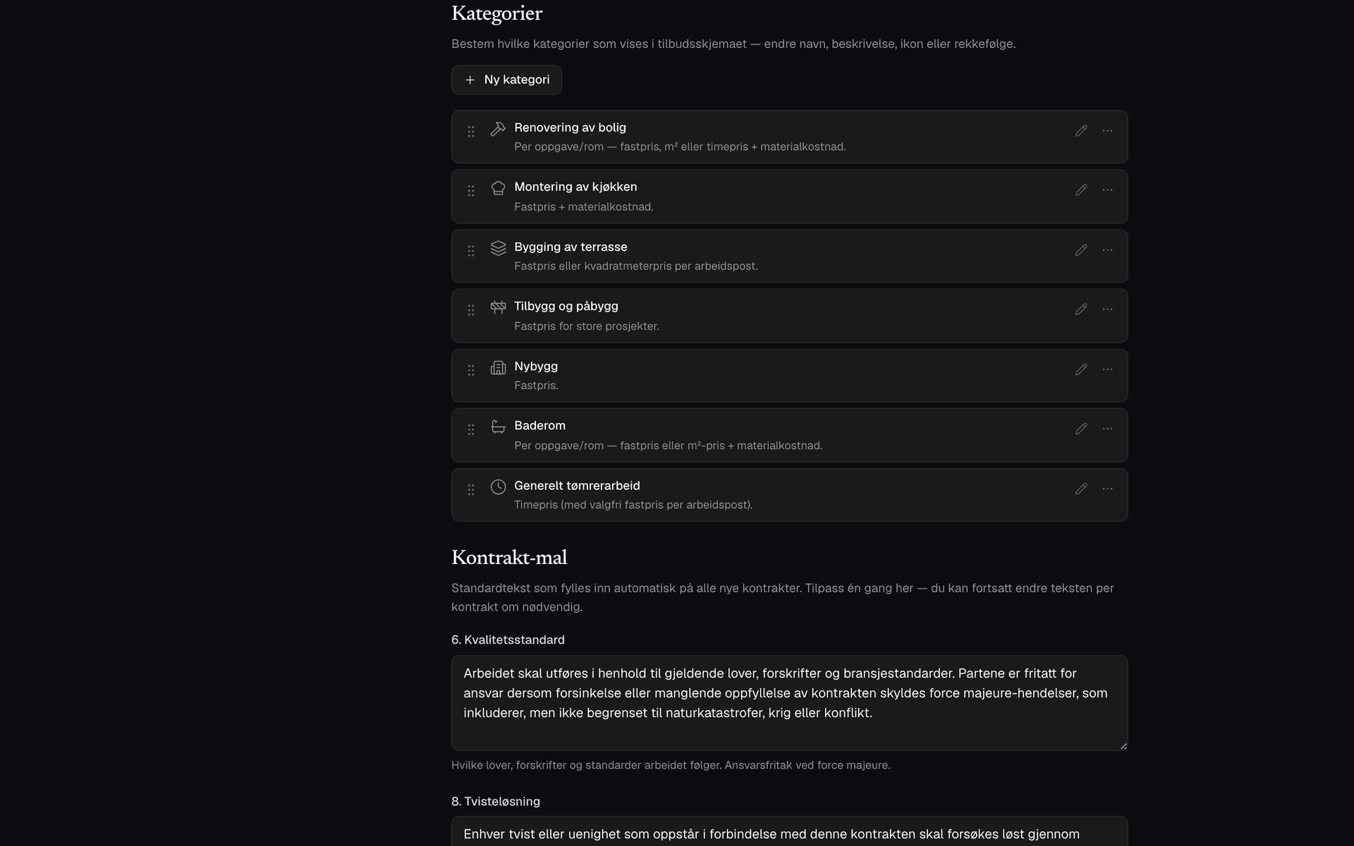 Innstillinger for kategorier og kontrakt-mal