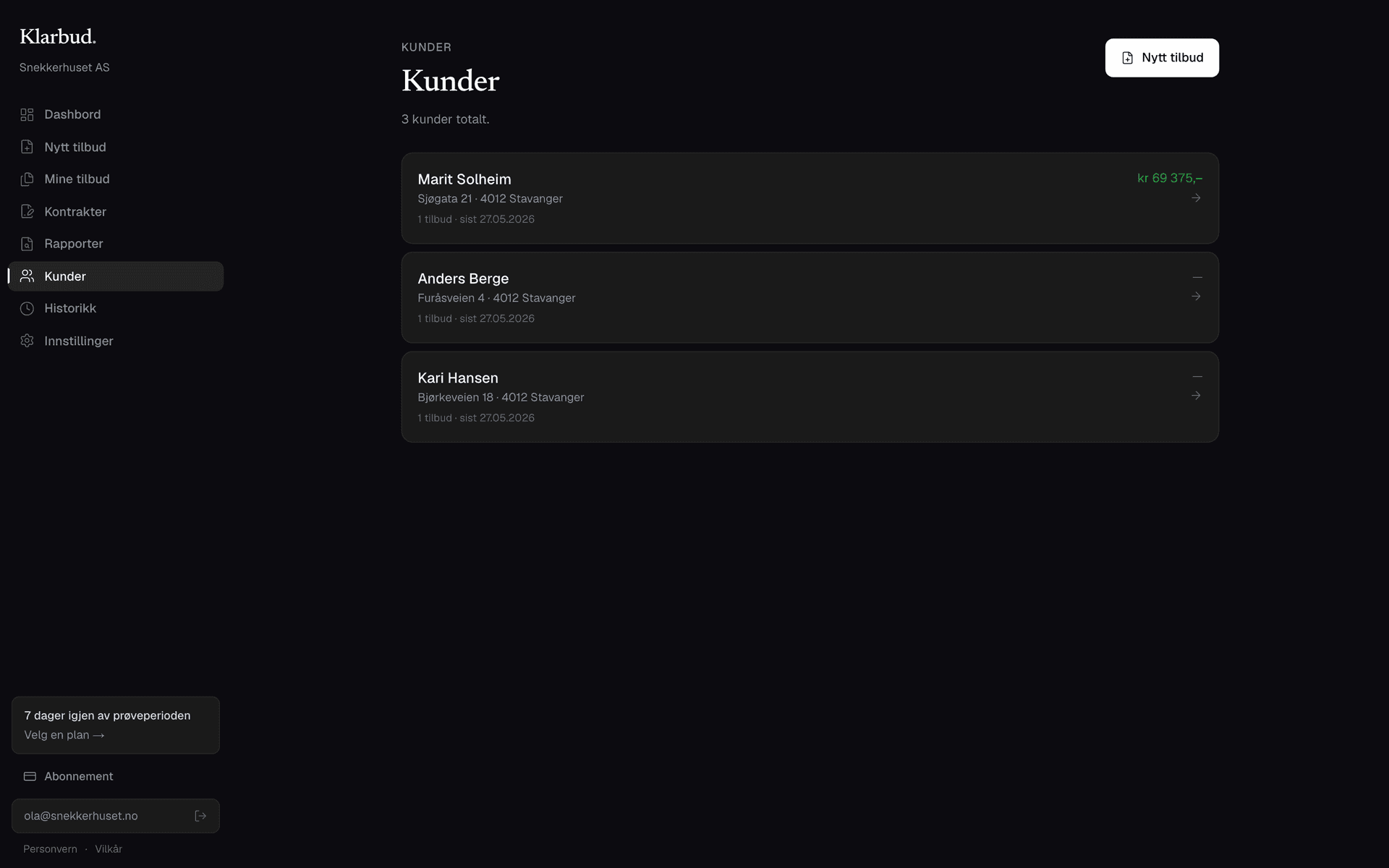 Kundedatabase med alle kunder samlet og siste tilbud-status